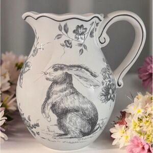 Maxcera Rabbit & Toile Pitcher Scalloped Rim Cabbage Rose Easter Bunny Vintage